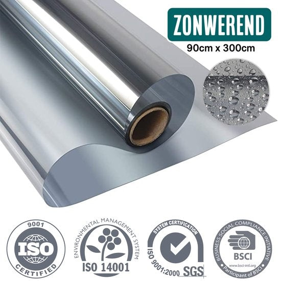 Homewell Sunproof HR Fensterfolie 90x300cm - Statische Isolierfolie mit Spiegeleffekt - Silber (inkl. Rakel)