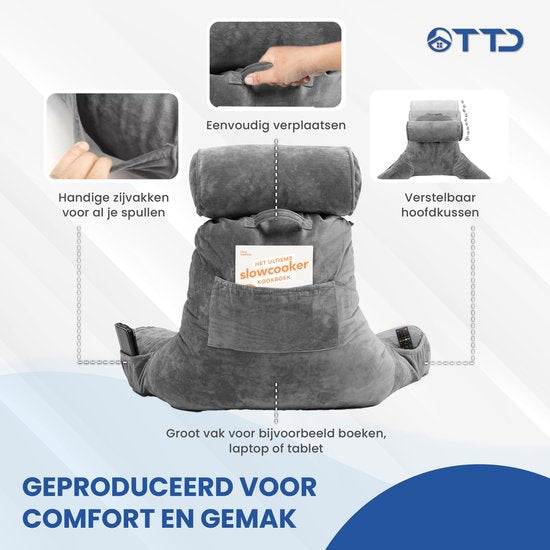 TTD® Premium XXL Lesekissen mit Nackenrolle - Lesesitz - Lesekissen fürs Bett - Ergonomisches Sitzkissen mit verstellbarer Polsterung - Buchkissen - Inklusive extra Minikissen - Samtig weich - Waschbarer Bezug