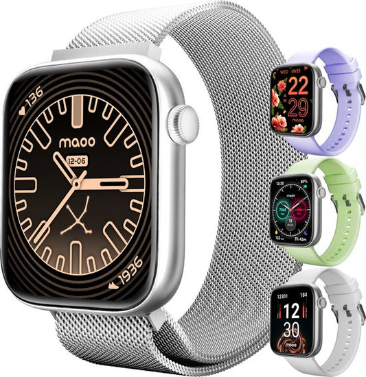 Maoo ProWatch AMOLED Smartwatch Damen und Herren - Milaneseband und 3 Silikonbänder - Schrittzähler - Herzfrequenzmesser - Blutdruckmesser - Schlafmonitor - Multisport - Geeignet für Android und iOS - Silber