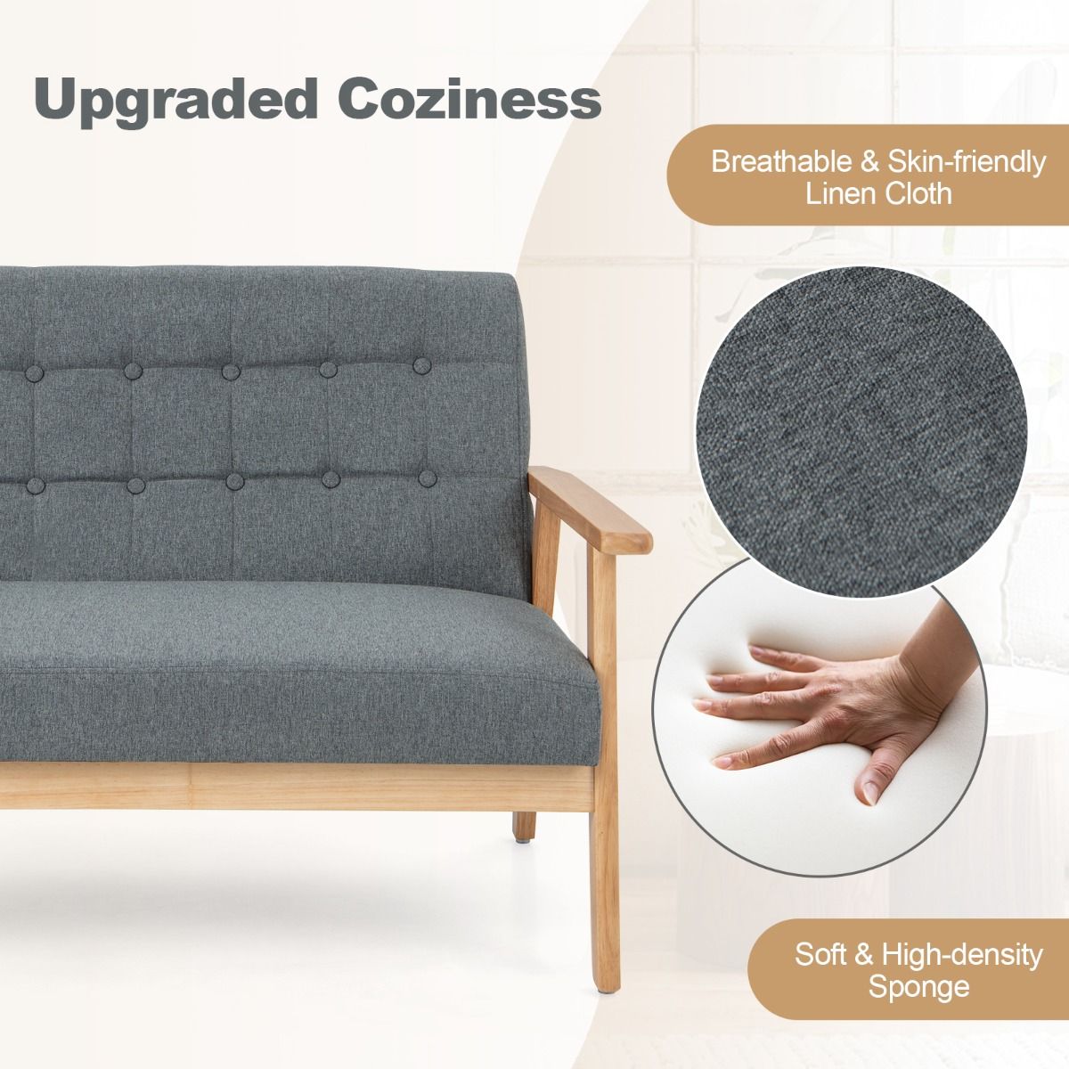 Coast Linen Loveseat 2-Sitzer – Grau – 114 x 72 x 77 cm – Rahmen aus Kautschukholz – Mid-Century-Design