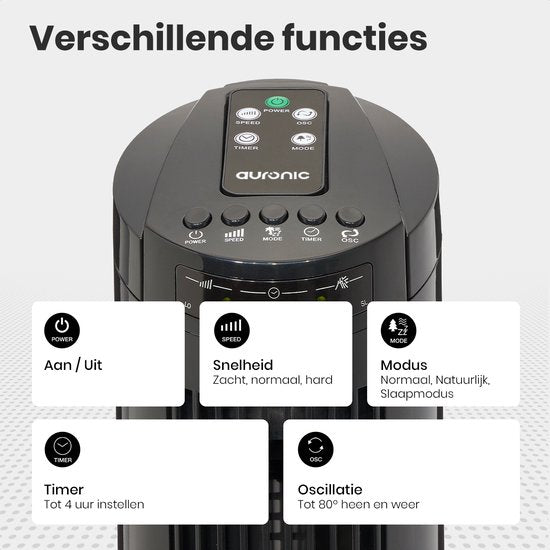 Auronic Tower Fan - Standventilator mit Fernbedienung - Timer - 50W - 45dB - 74cm - Schwarz