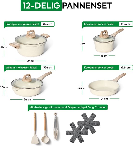 Just Perfecto 12-teiliges Induktionspfannenset - Beigefarbenes Pfannenset mit Deckel für Gas und Induktion - PFAS frei - Kalte Griffe