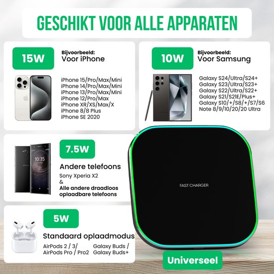 Strex Wireless Charger 15W - Inklusive Kabel - QI-Schnellladegerät - Wireless Charger - Schnellladegerät - LED-Anzeige