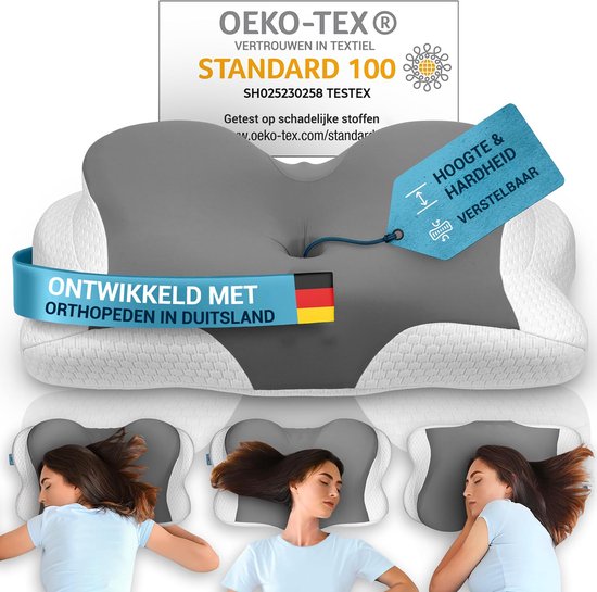 Glckstoff Orthopädisches Kissen – Ergonomisches Nackenschaumkissen gegen Nacken- und Rückenschmerzen, hypoallergen, verstellbar, ideal für Seiten- und Rückenschläfer, grau