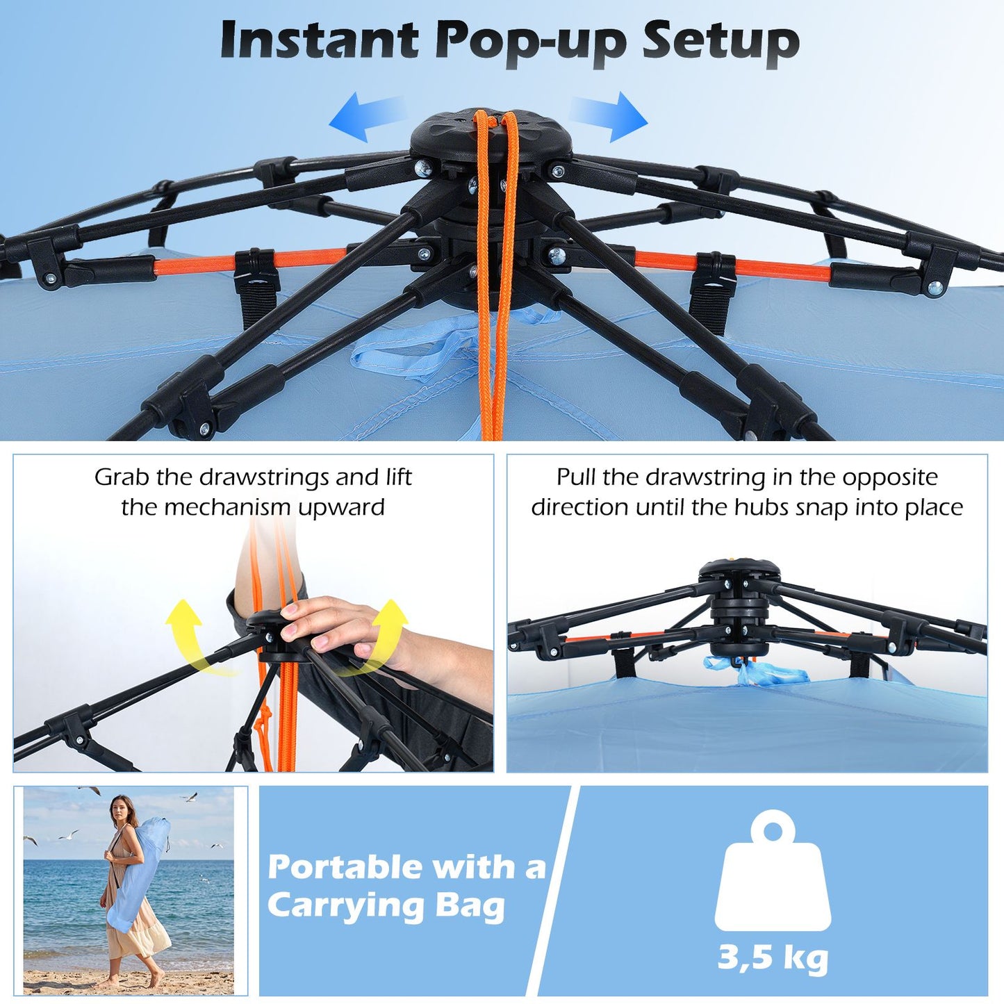 Coast Pop-up-Strandzelt für 3–4 Personen – Grau/Blau – 278 x 140 x 142 cm – inkl. Tragetasche, Heringe und Sandsäcke