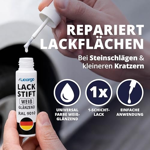 LICARGO Lackstift Glänzendes Weiß 12 ml – Präzisionspinsel für Kratzer und Steinschlag
