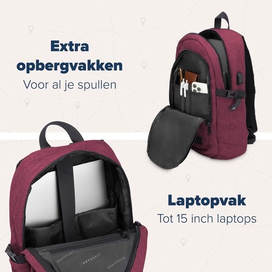 TRVLMORE Rucksack mit Lifetime - Rucksack mit 15.6 Zoll Laptopfach - Schultasche - spritzwassergeschützt - Männer und Frauen - Jungen und Mädchen - 25L - Burgunderrot