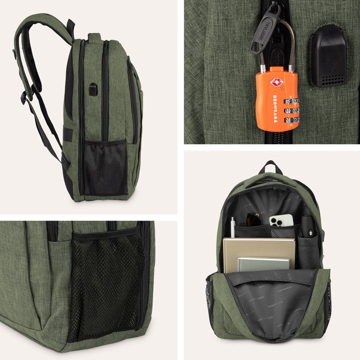TRVLMORE Rucksack - 36L - 17.3 Zoll - Laptop-Rucksack - Schultasche - Unisex - Spritzwassergeschützt Grün