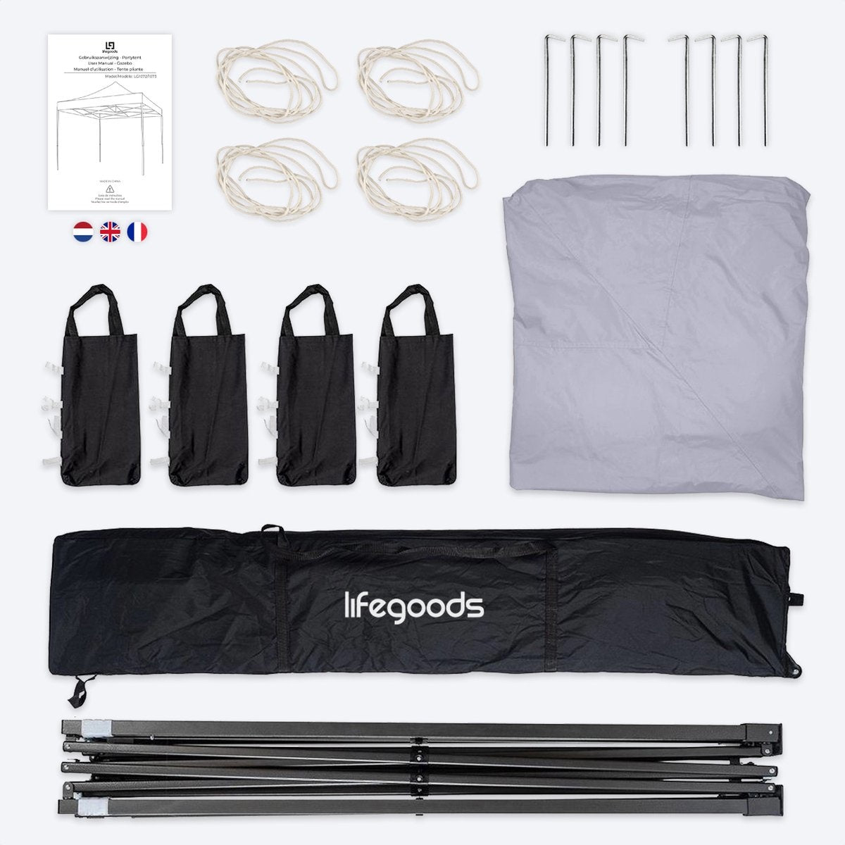 LifeGoods Partyzelt - Pavillon - 3x3 m - Einfacher Aufbau - Zusammenklappbar - Wasserdicht - Tragetasche mit Rädern - Dunkelgrau