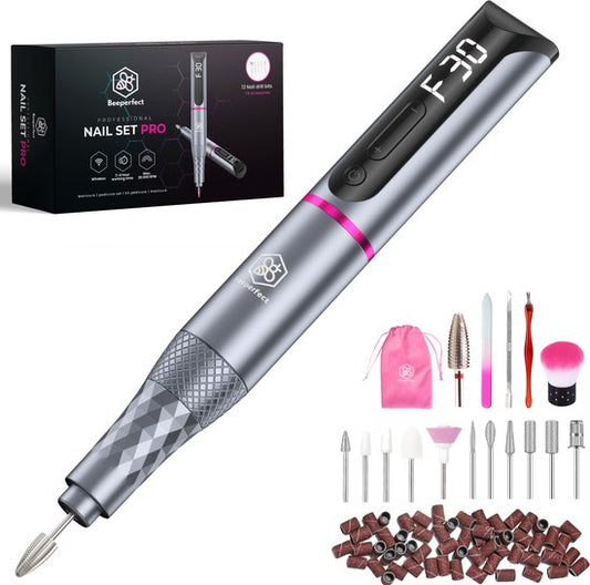 Beeperfect® Cordless Electric Nail File Pro Edition - Nagelfräse - Maniküre- und Pediküre-Set - wiederaufladbar - 11 Bits und 60 Schleifrollen - 30.000 U/min