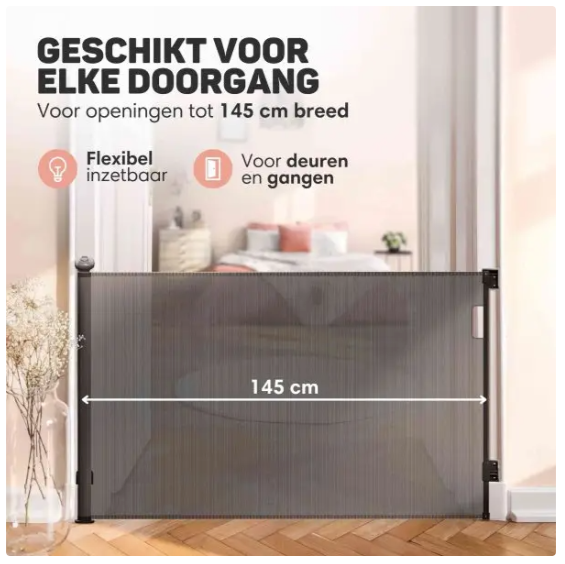 Vulpes Goods® - Aufrollbares Treppentor® - 145 x 84 cm - Ausgestattet mit Push-En-Lock-Kindersicherung und Farbindikator und Einhandbedienung - Für Kinder und Haustiere - Schwarzer Kunststoff und Mesh
