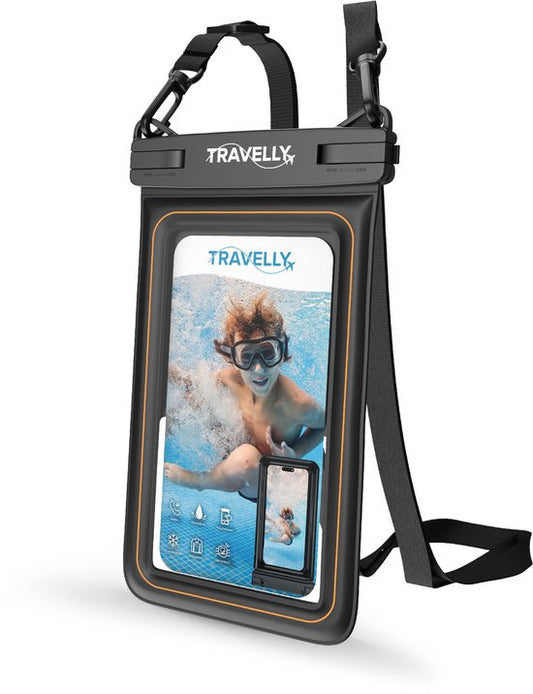 Travelly® Luxe Waterproof Phone Case - Universelle Unterwassertasche für Smartphone - Geeignet für alle Handys - Drybag - Für Urlaub, Schwimmen & Wassersport - Schwarz