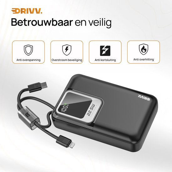 Drivv. Powerbank 20.000 mAh – Mit integriertem 8-Pin- und USB-C-Kabel – Inklusive 60-W-Ladekabel – 22,5-W-Schnellladefunktion – USB / USB-C – Notfallpaket
