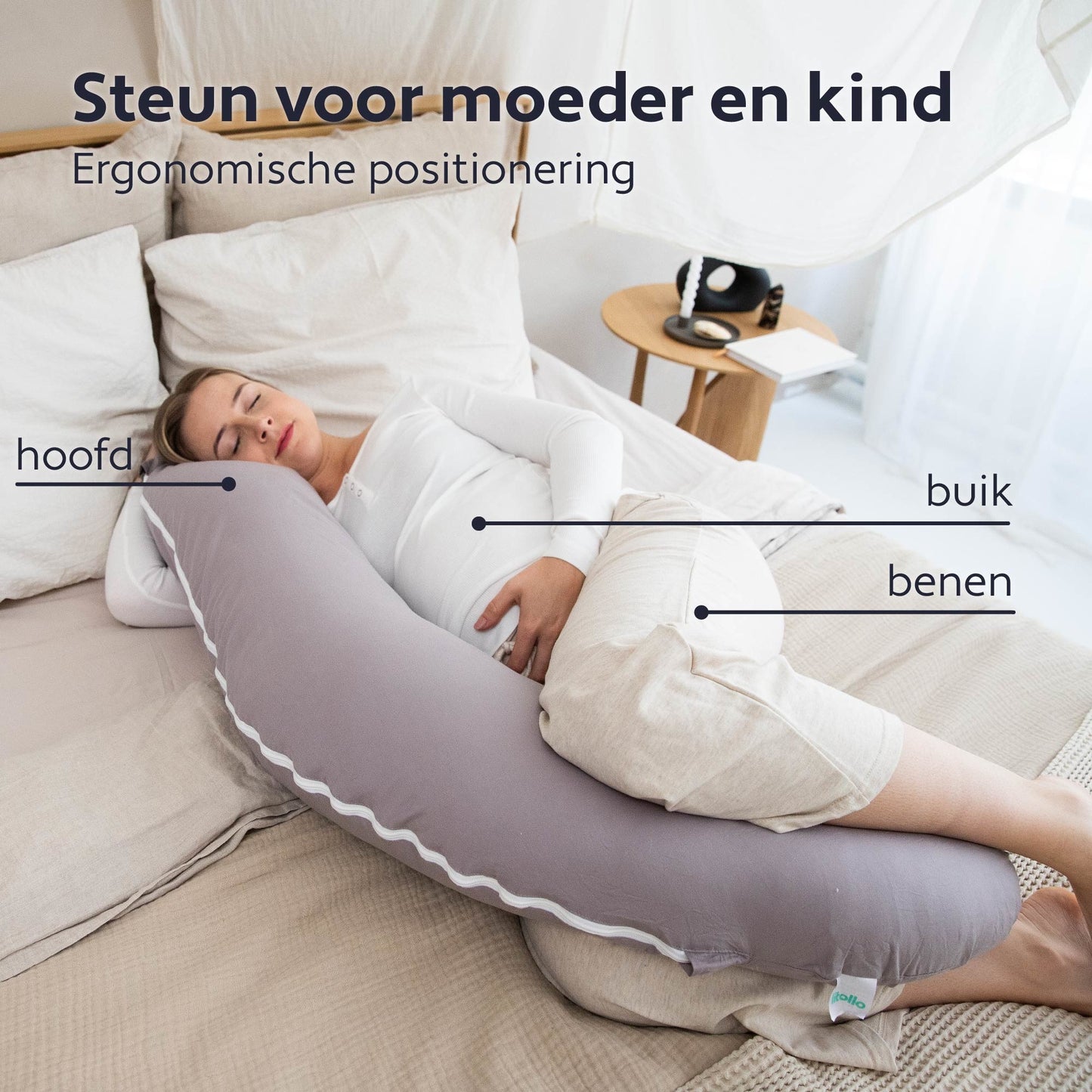 Litollo® - Schwangerschaftskissen (J-förmig) - Umstandskissen - Stillkissen - Körperkissen - 145cm - Abnehmbarer Bezug - Grau