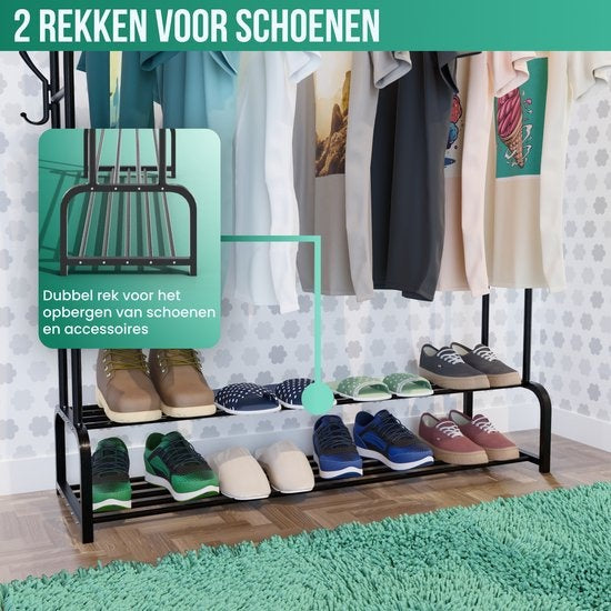 Avalo Industrial Clothes Rack Double Rod - Metall - 110x33x150 CM - Schwarz - Lagerung für Schuhe - Garderobe Rack mit Haken