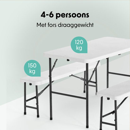LifeGoods Zusammenklappbares Picknick-Set - 124cm x 61.5cm - Gartentisch mit 2 Bänken - Wetterfest - Campingtisch - Biertisch zusammenklappbar - Für Innen und Außen - Für 4 bis 6 Personen - Weiß