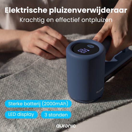 Auronic Electric Lint Remover Pro - Fusselentferner - Akkulaufzeit 120 Minuten - Wiederaufladbar - LED-Anzeige - Entlaubungsgerät - Blau