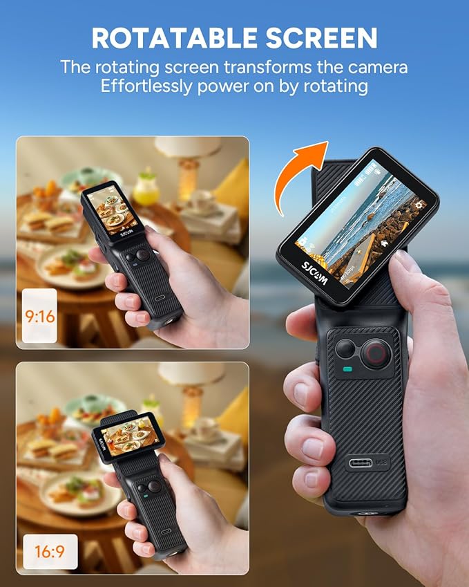 SJCAM C400 Action-Kamera 4K, 7 Stunden Akkulaufzeit, 6-Achsen-Stabilisierung, Sportkamera mit zwei Touchscreens, wasserdicht bis 30 Meter, Vlogging-Kamera mit Zubehörset, schwarz, inklusive 64-GB-Speicherkarte