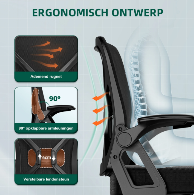 GTIMEX Ergonomischer Bürostuhl Schwarz – Verstellbare Lendenwirbelstütze – Neigungsfunktion bis zu 125°