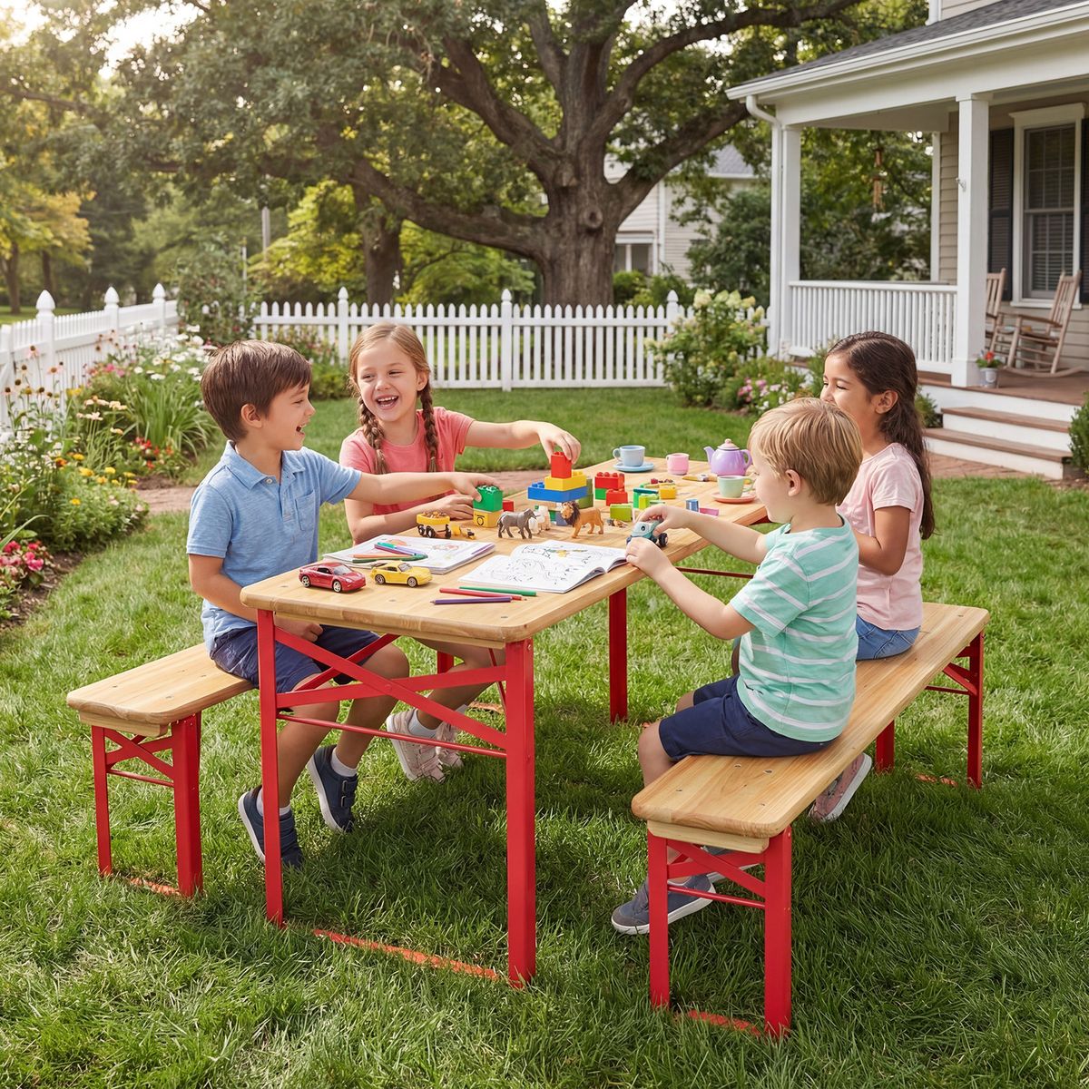 Coast Kinder-Picknick-Set – klappbarer Picknicktisch mit 2 Bänken – Fichtenholz und Metall – rot
