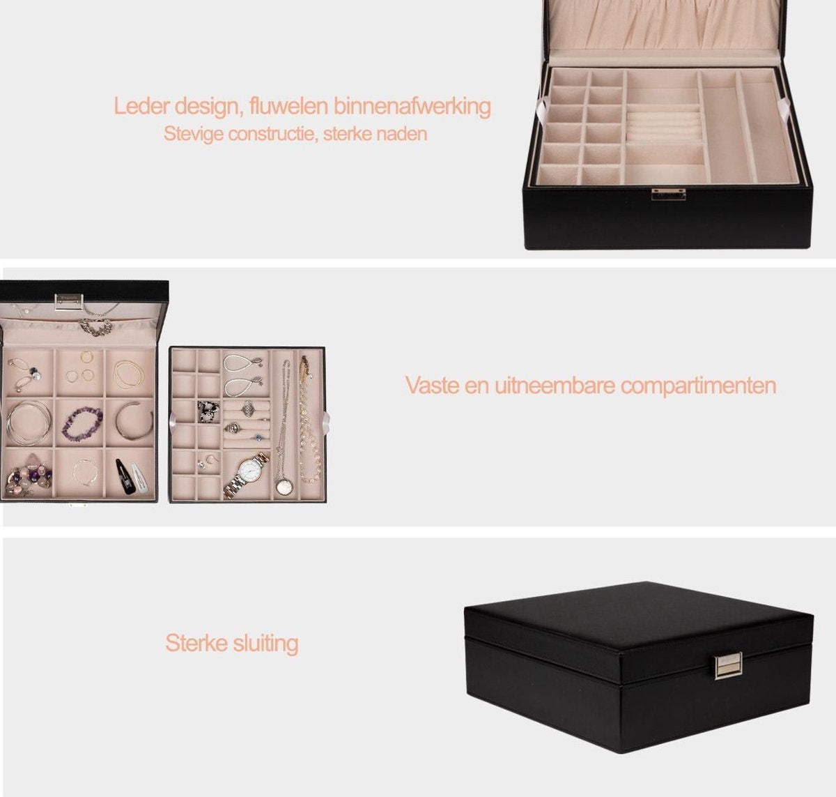 LifeGoods Schmuckkästchen - Schmuckaufbewahrung - 24 Fächer - Schwarz/Beige