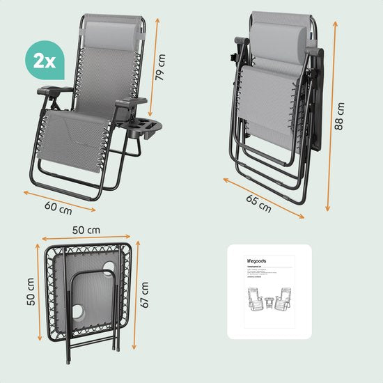 LifeGoods Liegestühle - klappbar - Komplettset - mit Beistelltisch - 30°-90° verstellbar - Gartenstühle - Metall - Grau