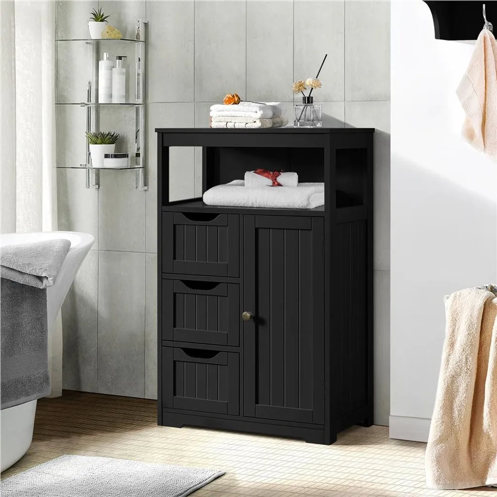 Yaheetech Badezimmerschrank 55,5 x 29,5 x 86,5 cm – Schwarz – Badezimmermöbel mit 3 Schubladen und verstellbarem Einlegeboden