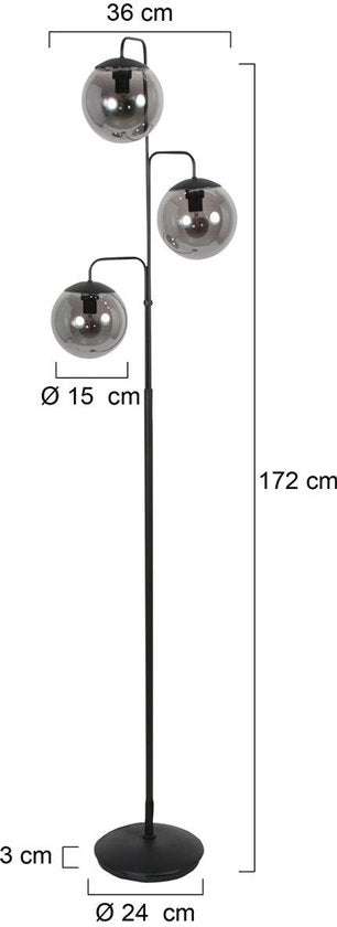 Stehlampe Bollique 4611ZW von Steinhauer – Stilvolles schwarzes Metall mit 3 rauchfarbenen Glaskugeln, Höhe 173 cm, runder Sockel 40 cm, perfekt für den Innenbereich
