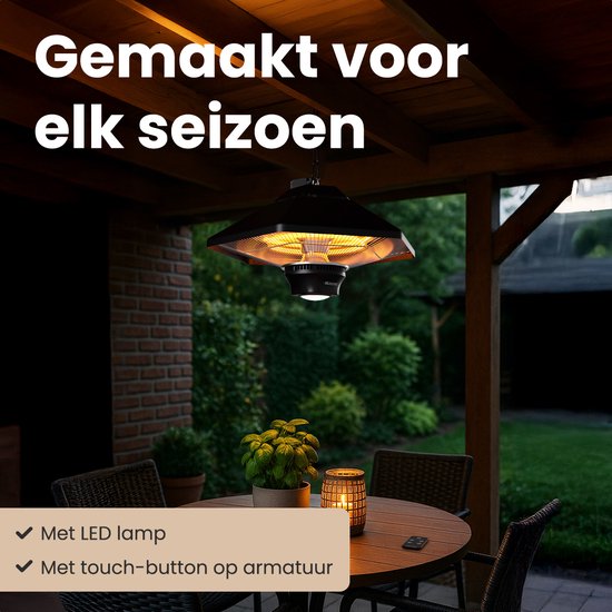 Auronic Terrassenstrahler - Infrarotheizung - Hängend - 20m2 - Elektrisch - 2000W - Fernbedienung - 3 Stufen - Schwarz