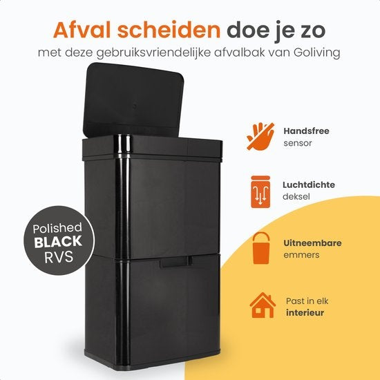 Goliving Automatic Sensor Trashcan 64 Liter - Küchenabfalleimer - Abfallbehälter Abfalltrennung - Freihändiger Sensor - Feuchtigkeitsbeständig - Schließender Rand - Langlebiger Edelstahl - 40L + 2x12L + 8L - Schwarz