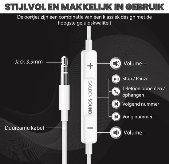 Golden Sound Wired Earbuds - Ohrhörer mit Kabel und Mikrofon - 3,5 mm Klinkenanschluss