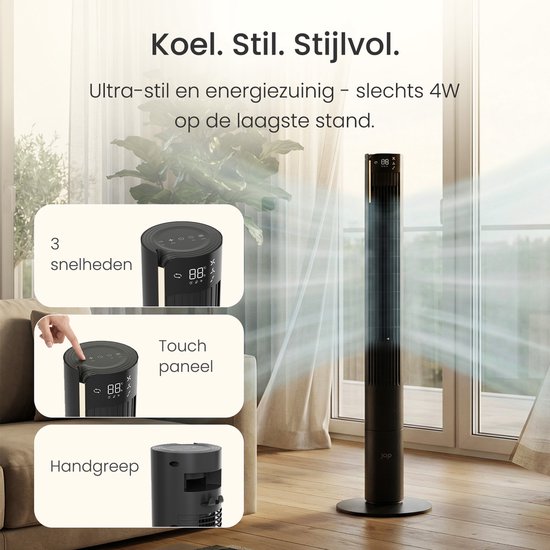 Leiser Ventilator mit Fernbedienung – Flügelloser Turmventilator mit Timer und 3 Gebläsestufen – Energieeffizient (60 W) – Schlafzimmer – Mattschwarz – JAP Appliances Toronto L