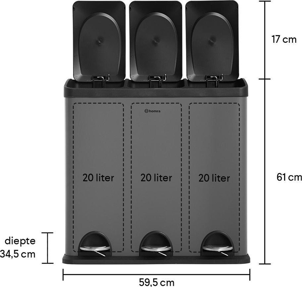 Homra MAXER Mülleimer - 3 Fächer - 60 Liter (3x 20L) - Tret-Abfalleimer - Grau