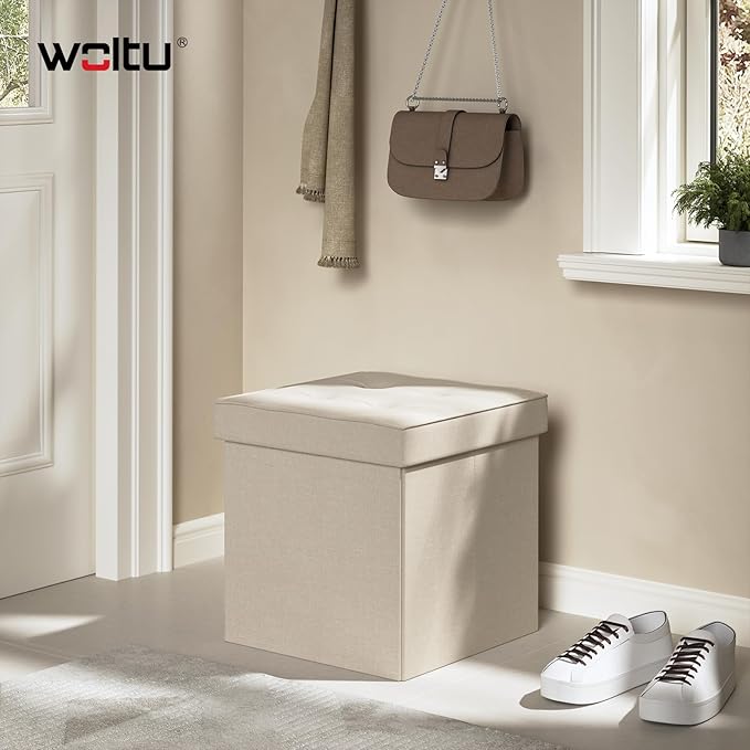 WOLTU Aufbewahrungshocker mit Deckel - Aufbewahrungshocker Würfel - klappbar - Sitzfläche aus Leinen - 37,5 x 37,5 x 38 cm - beige