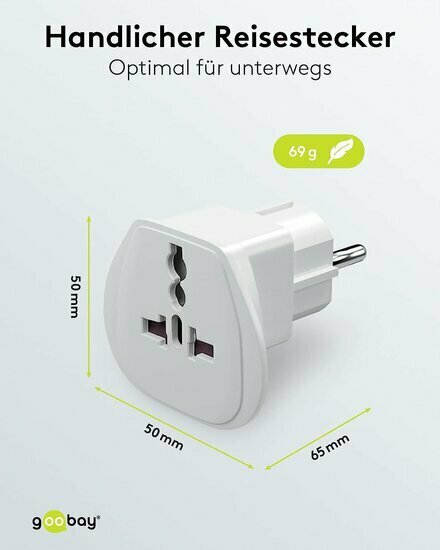 goobay  Reiseadapter „World to EU“, weiß – Typ F auf UK/CH/IT/US/JP – 16 A – 65 x 51 x 51 mm