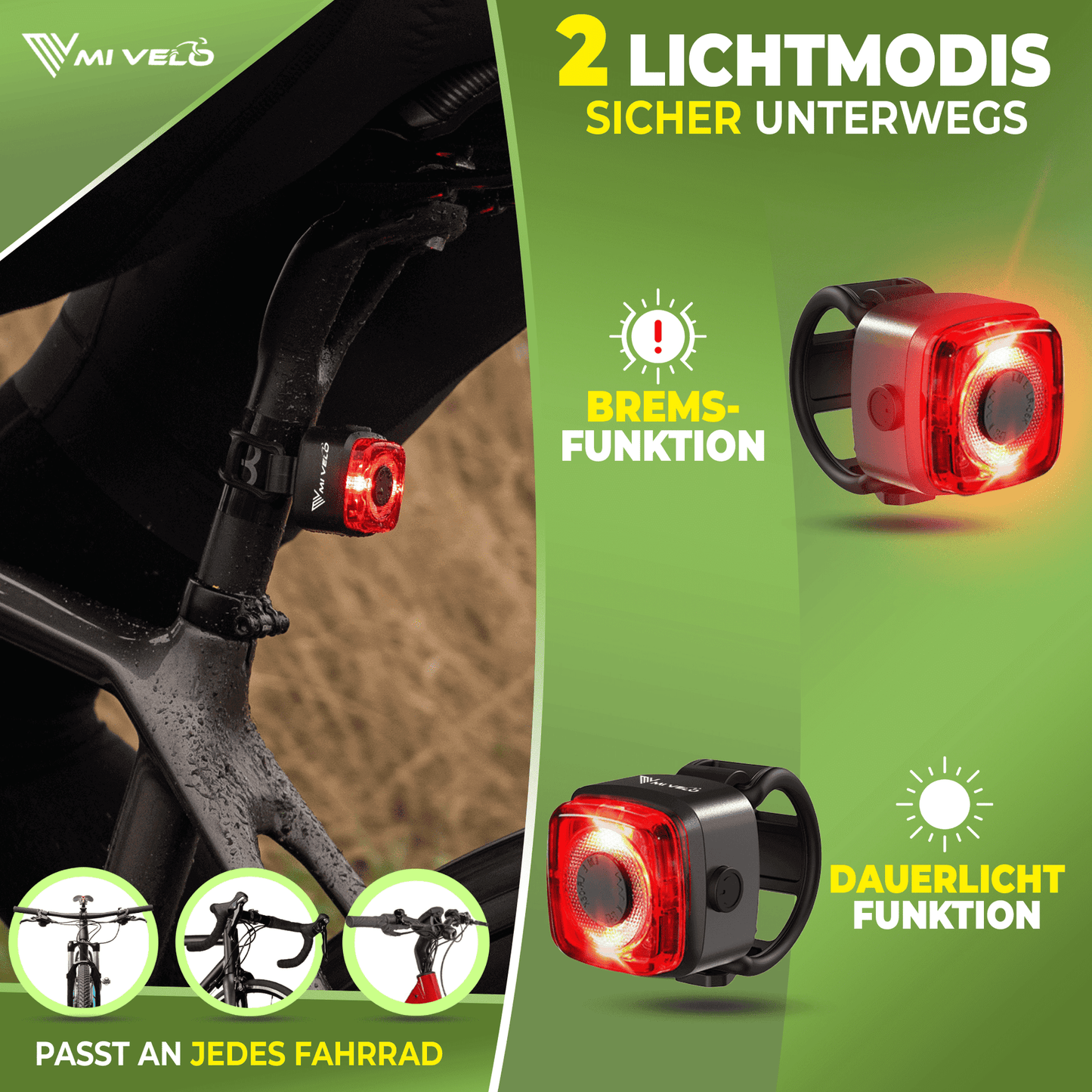 Mivelo - LED Fahrradlicht-Set - USB aufladbar - mit Bremslicht - Schwarz