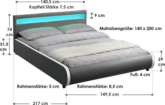 Polsterbett Sevilla - 140 x 200 cm - Dunkelgrau - LED Beleuchtung