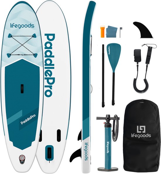 LifeGoods SUP Board All-round Compact - 100 KG Tragfähigkeit - 300 x 76 cm - Aufblasbar - Komplettes SUP Paket - Weiß/Tiefes Aqua
