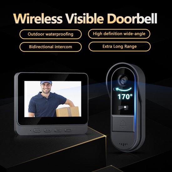 Fuegobird M15S – Kabellose Türklingel-Sets mit 32 GB Micro-SD – Intelligente Video-Türklingel – mit 4,3-Zoll-Display – wasserdicht nach IP65 – HD-Kamera mit 170°-Weitwinkel und Nachtsicht – Schwarz