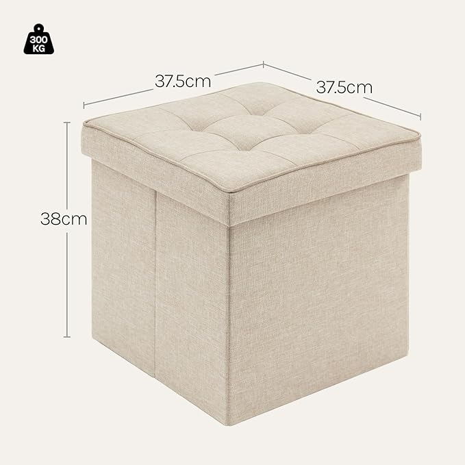 WOLTU Aufbewahrungshocker mit Deckel - Aufbewahrungshocker Würfel - klappbar - Sitzfläche aus Leinen - 37,5 x 37,5 x 38 cm - beige