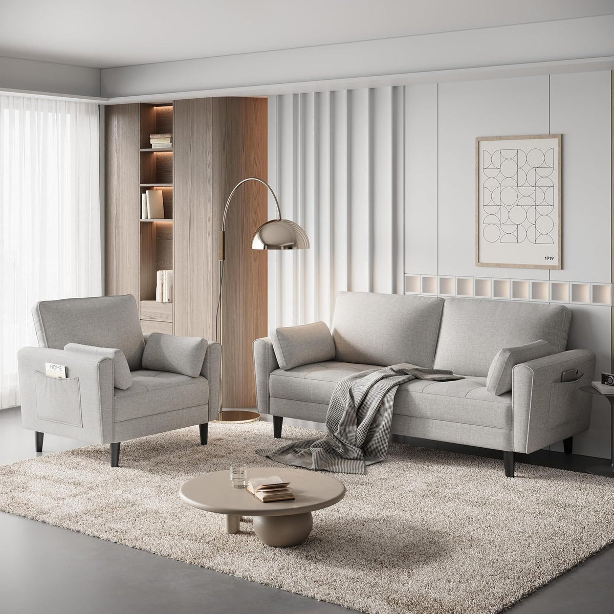 Yaheetech Loveseat-Sofa aus Leinen – Graubeige – 102,5 x 75 x 85,5 cm – Mit 2 Kissen und Seitentaschen