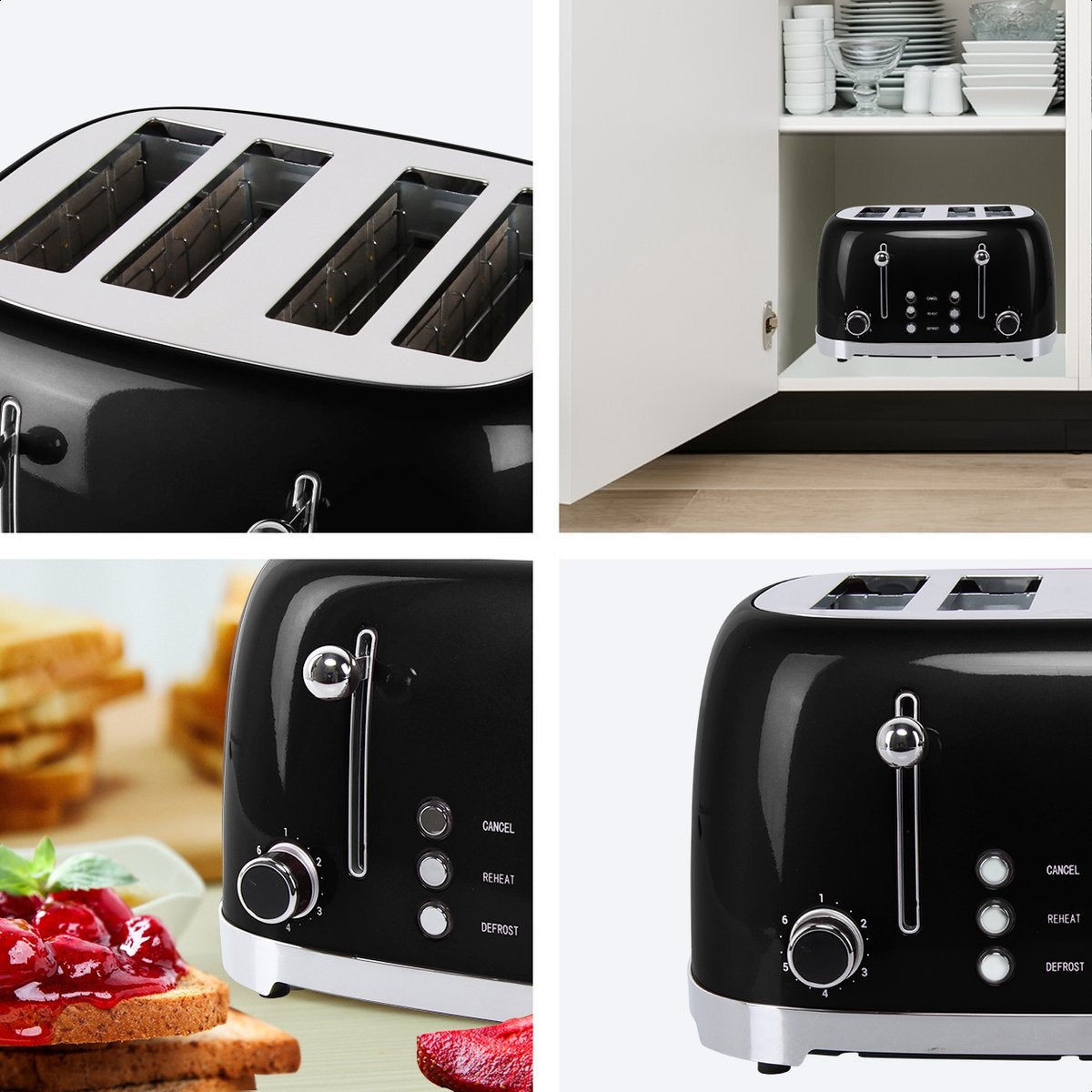 KitchenBrothers Retro-Toaster - 6 Heizstufen - 4 extra breite Schlitze - 1630W - Aufwärm- und Auftaufunktion - Schwarz