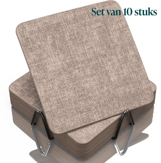 Castagnola Untersetzer aus Kunstleder – Untersetzer für Gläser – Design-Untersetzer mit Halter – Untersetzer-Set aus Kunstleder mit Metallhalter – Leder – 10er-Set – Braun meliert – 10 x 10 cm