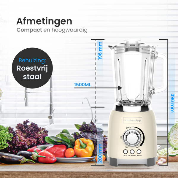 KitchenApp Retro-Mixer mit 1,5-Liter-Glasbehälter – 800 W – Eiswürfel, Smoothies und Pulsfunktion – stufenlos regelbar – Beige