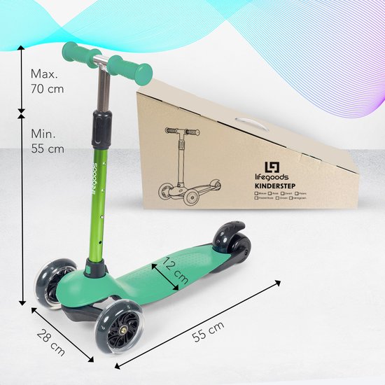 LifeGoods HappyStep - Kinderroller - Schritt 2-5 Jahre - 3 leuchtende LED-Räder - höhenverstellbar - Jungen/Mädchen - Mintgrün