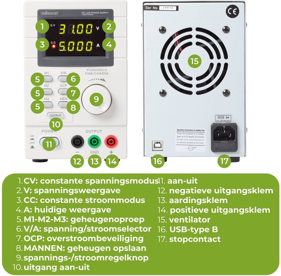 Velleman Labornetzgerät, programmierbar über PC, einstellbar, 0-30 VDC/5 A, Strombegrenzung, Kurzschlussschutz, zwei 4-stellige LED-Anzeigen, USB-Anschluss