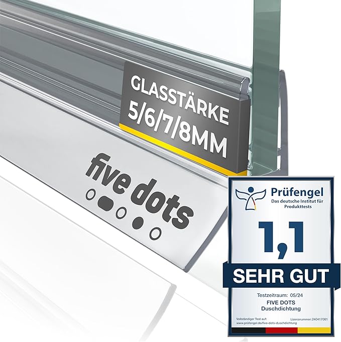 five dots shower seal 6 mm NEW2025 - Duschdichtungen für Duschtüren ohne Vergilbung - Duschtürdichtung 6 mm hält 100% dicht - Duschtürdichtung Unterseite - Duschkabinendichtungen