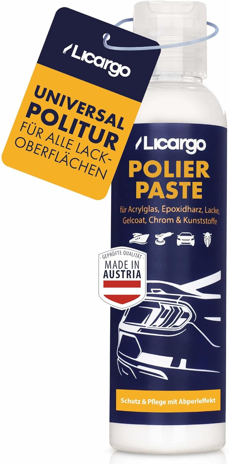 Licargo Universal Polierpaste 150 ml - Feinpolitur für Acrylglas, Epoxidharz, Lack, Gelcoat, Chrom und Kunststoff - Entfernt Mikrokratzer und stellt Hochglanz wieder her