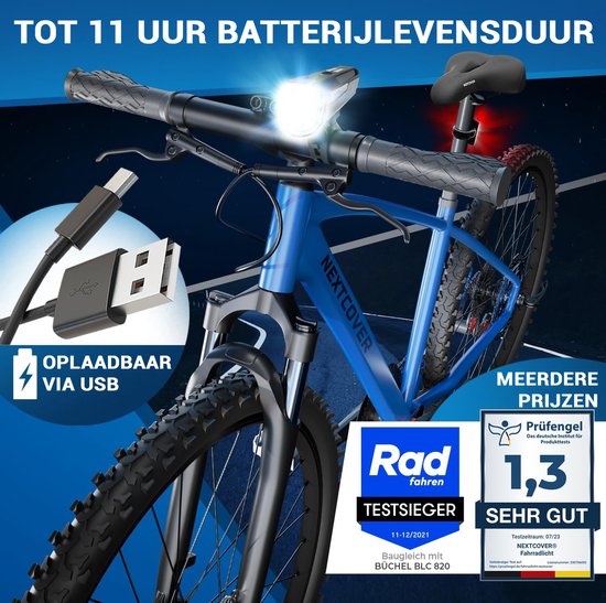 Nextcover Fahrradbeleuchtungsset – 80 Lux – über USB aufladbar – LightSense – StVZO – Schwarz