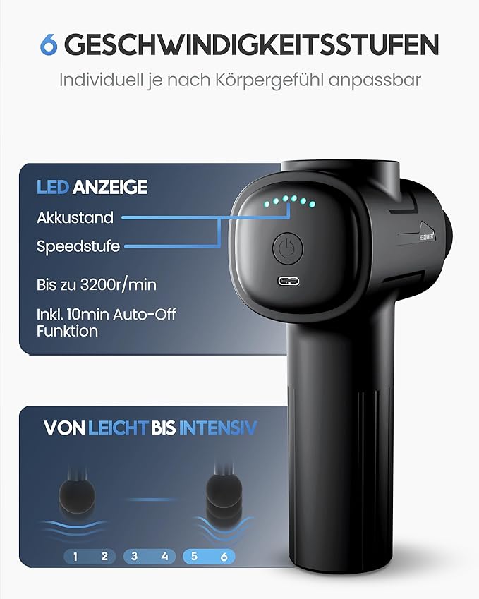 HELDENWERK Massage Gun mit 6 Aufsätzen - 3200 U/min, USB-C, Muskelmassagegerät - Schwarz